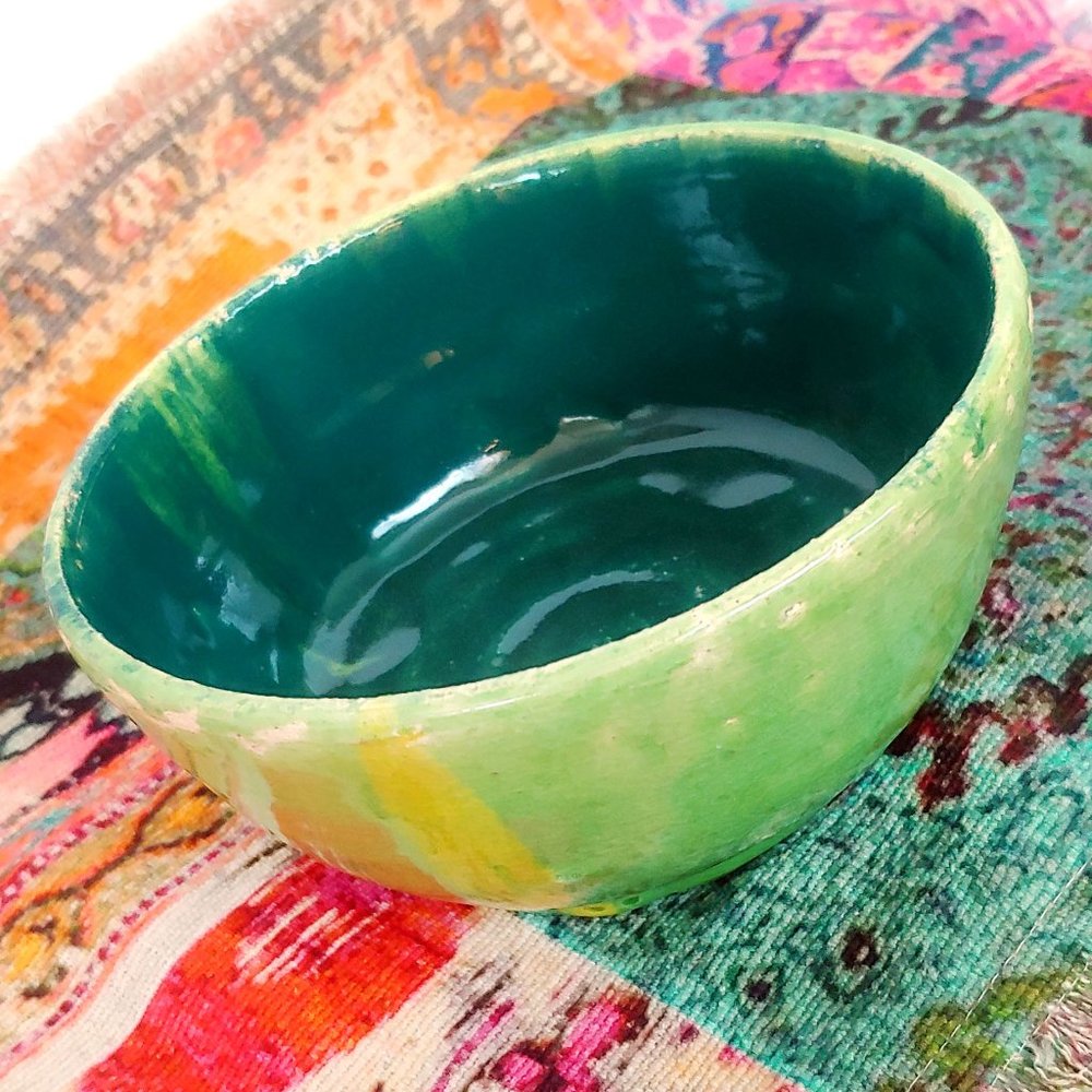 Green Handmade Vintage Ceramic Bowl Boho Home Decor
